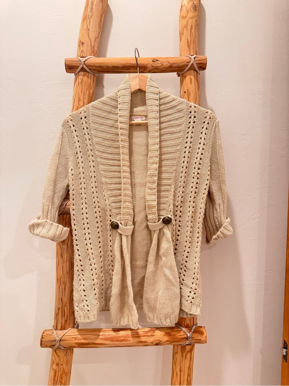 Vintage Women’s Cream Open-Front Knit Cardigan Sweater